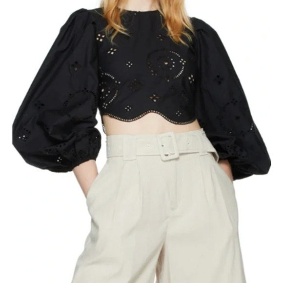 Ganni Broderie Anglaise Cropped Balloon Sleeve Top Black Summer Eyelet Lace - Picture 14 of 14